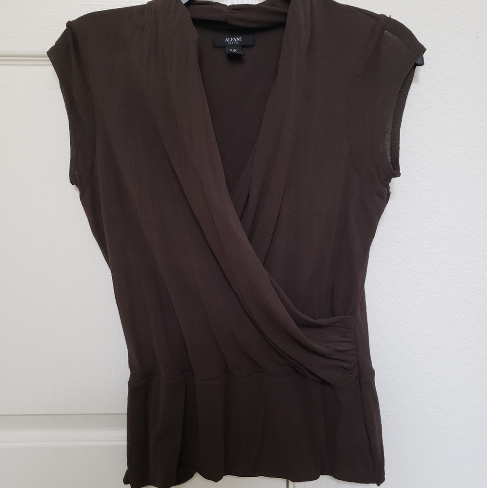 Alfani Petite dark chocolate brown drape top